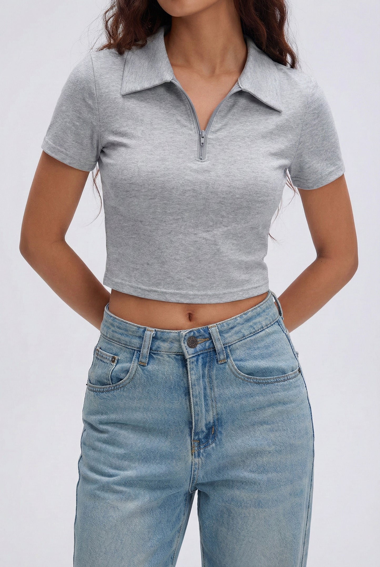 Grey Melange Collar Zip Crop T-Shirt