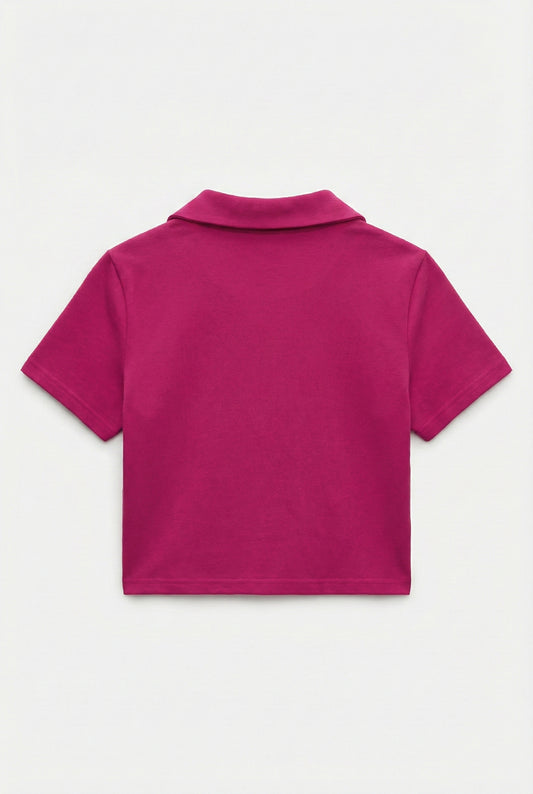 Rani Pink Collar Zip Crop T-Shirt