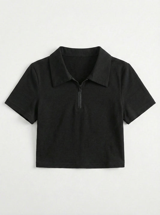 Black Collar Zip Crop T-Shirt