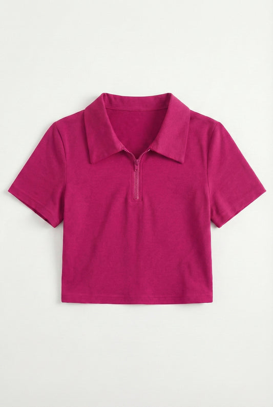 Rani Pink Collar Zip Crop T-Shirt