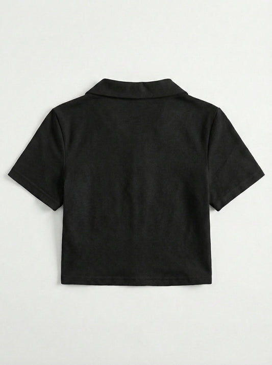 Black Collar Zip Crop T-Shirt