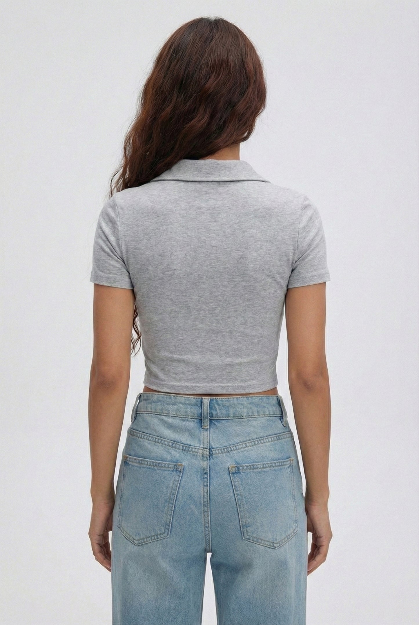 Grey Melange Collar Zip Crop T-Shirt