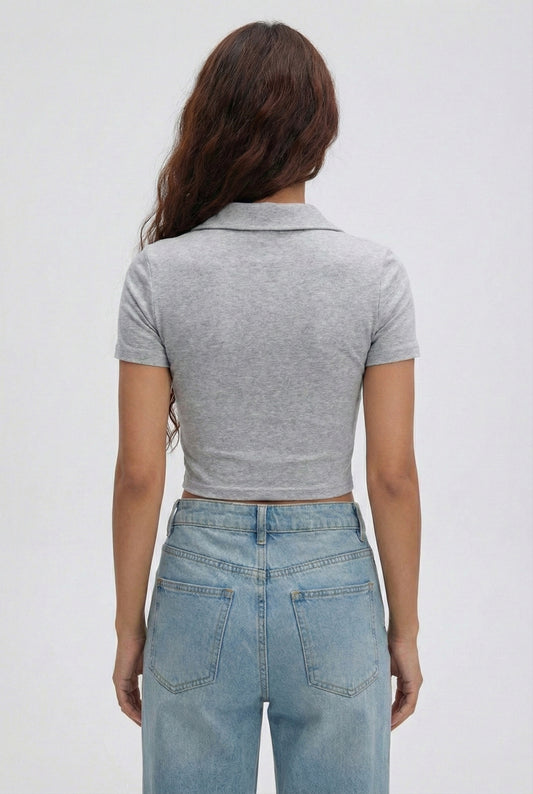 Grey Melange Collar Zip Crop T-Shirt