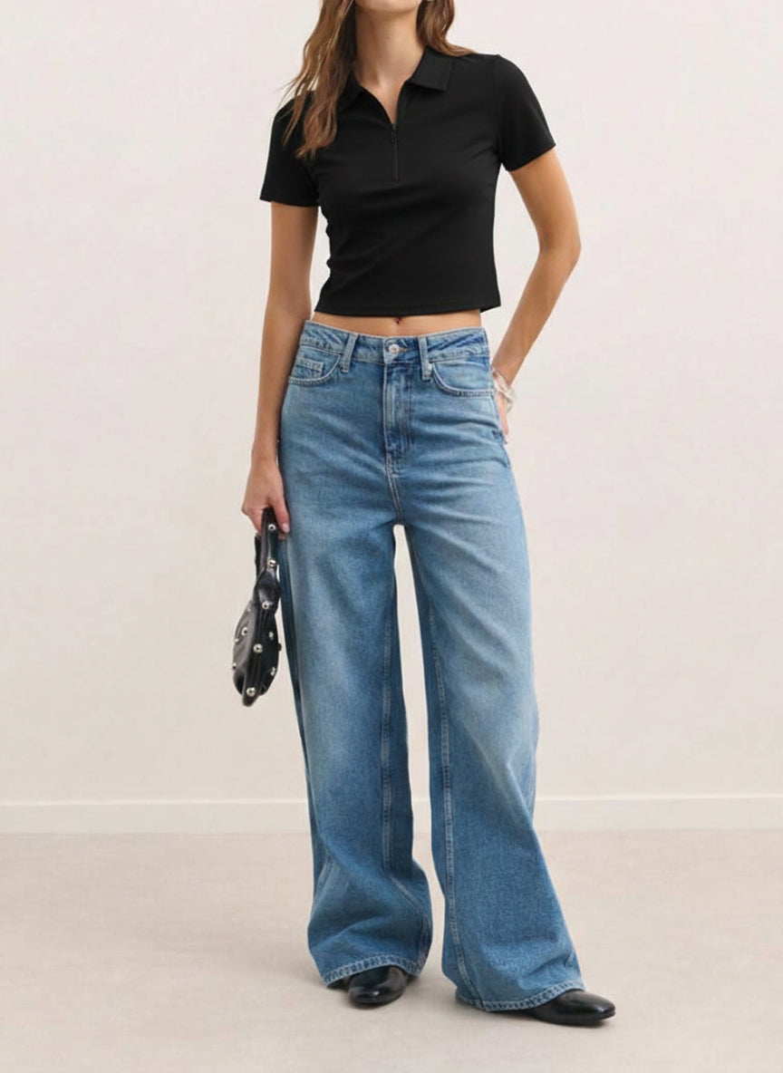 Black Collar Zip Crop T-Shirt