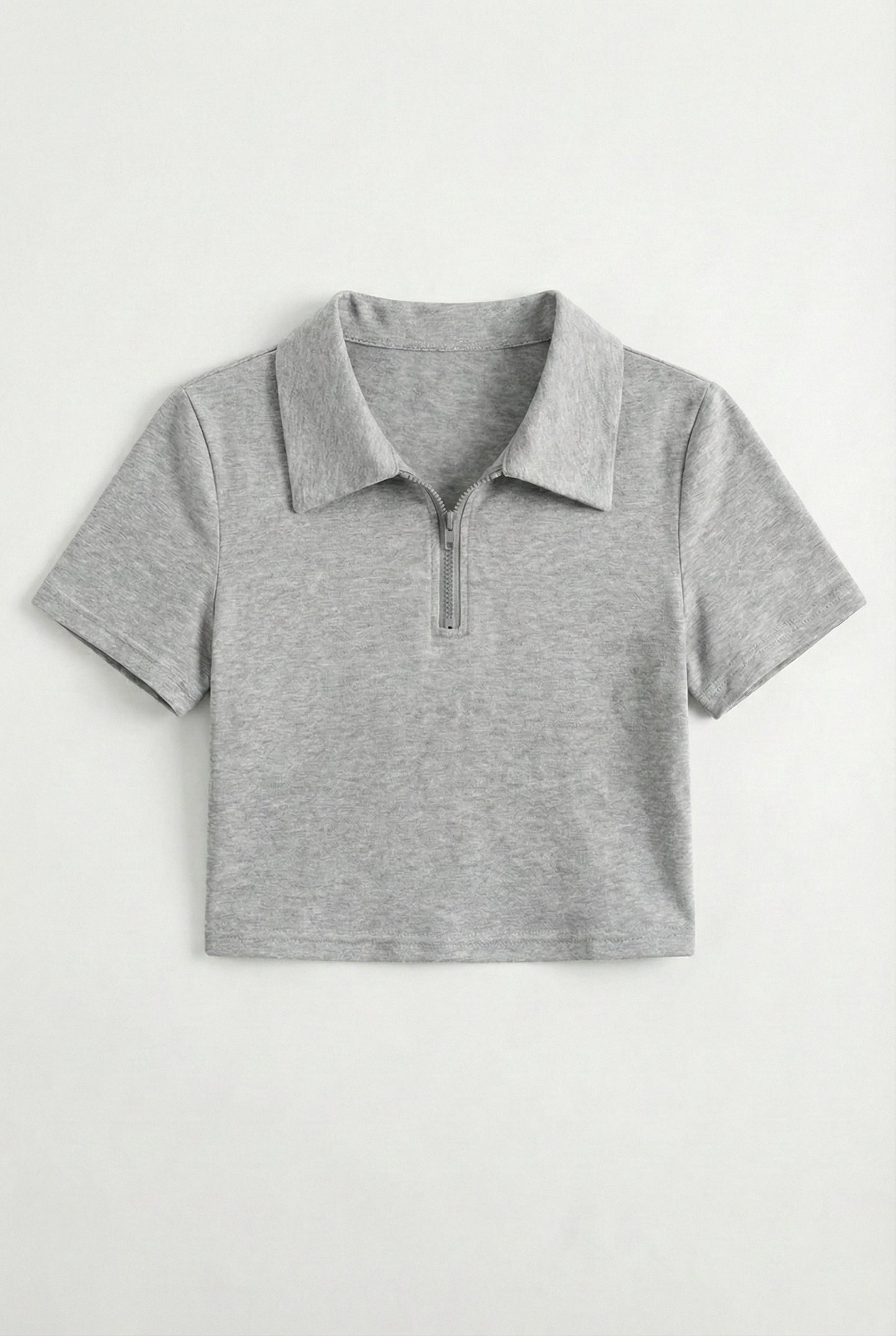 Grey Melange Collar Zip Crop T-Shirt