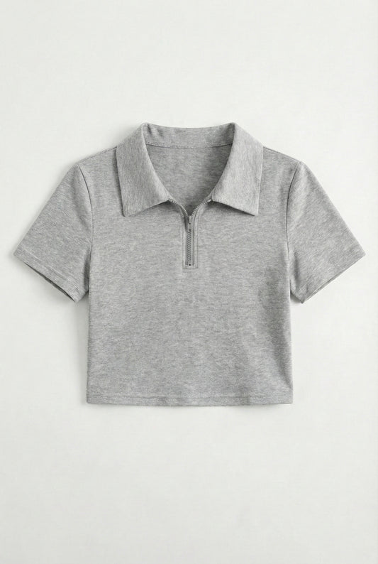 Grey Melange Collar Zip Crop T-Shirt